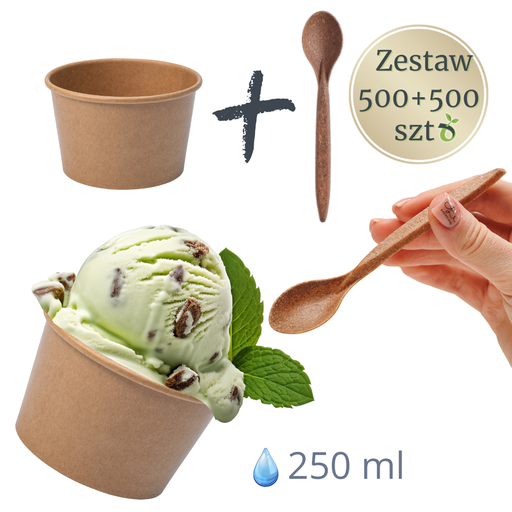 [CG-250-T-1117/BR] Ecological set: 500 kraft bowls 250 ml + 500 wpc teaspoons
