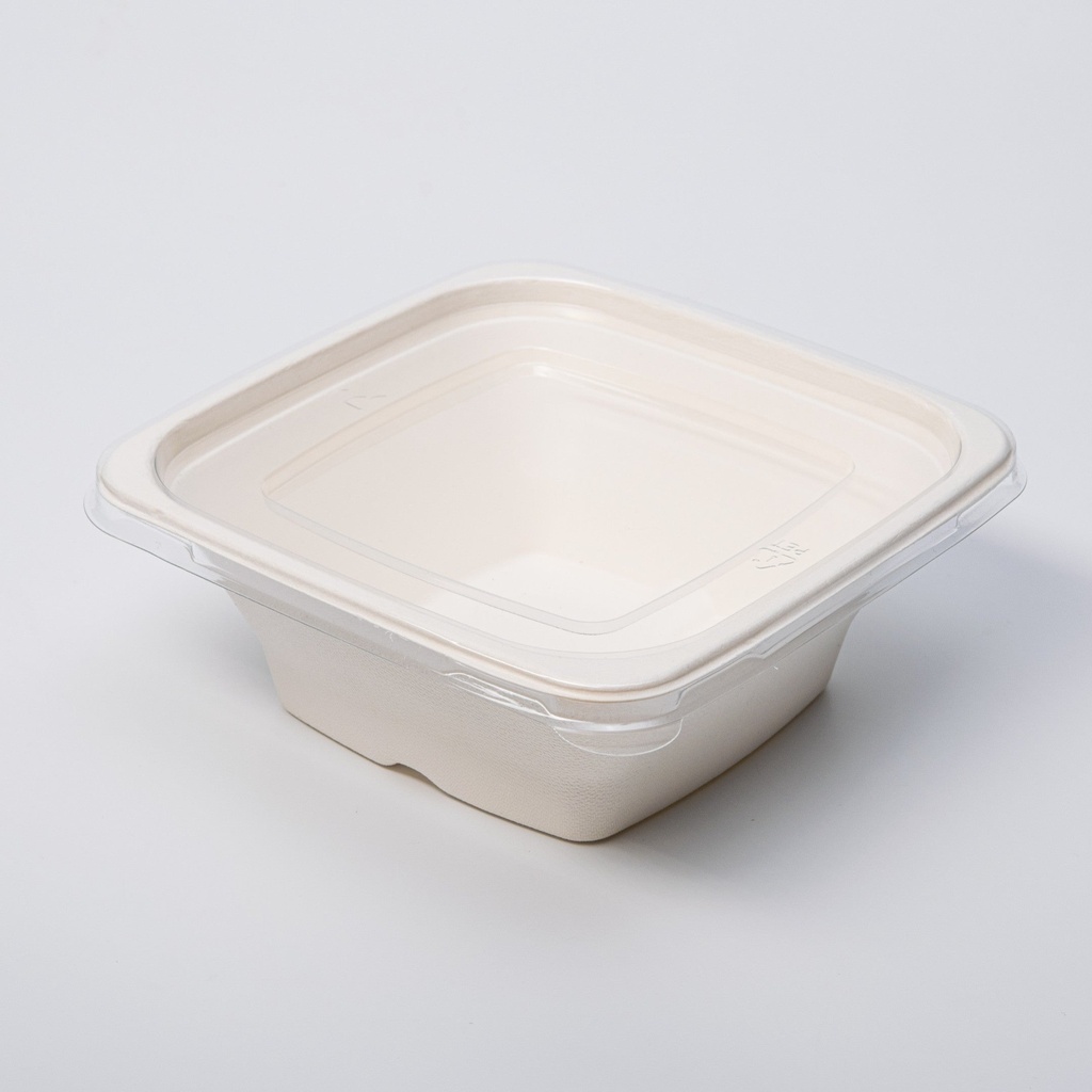 Square sugar cane bowl, 950 ml, with a flat lid