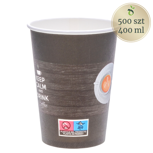 [PC400-BLK] Pappbecher schwarz für Kaffee/Tee 400 ml mit Aufdruck Keep calm and drink coffee
