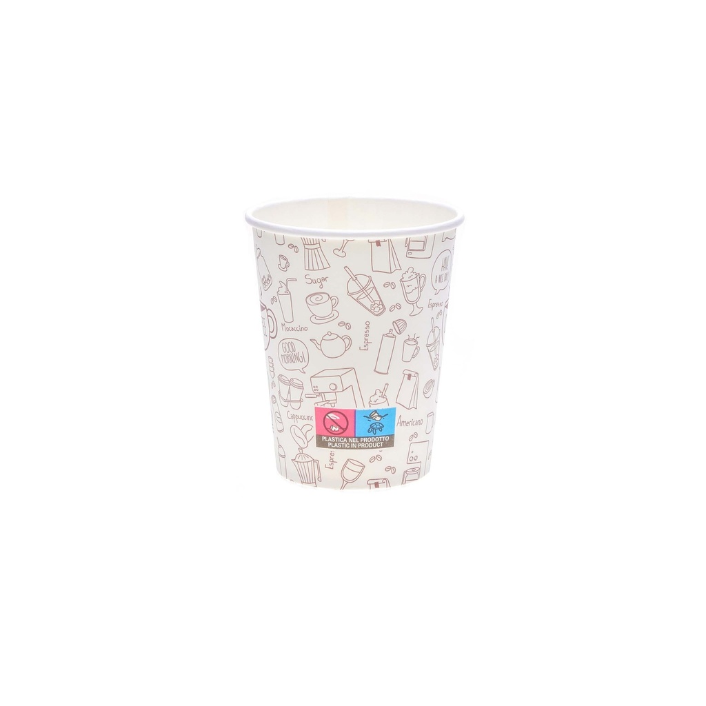 Bicchiere in cartoncino bianco per caffè o tè 150 ml con stampa caffè