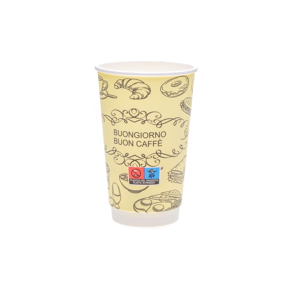 Bicchiere in cartoncino giallo per caffè o tè 480 ml con stampa dessert