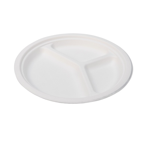 Talerz biały 10" z trzciny cukrowej, trójdzielny 26 cm