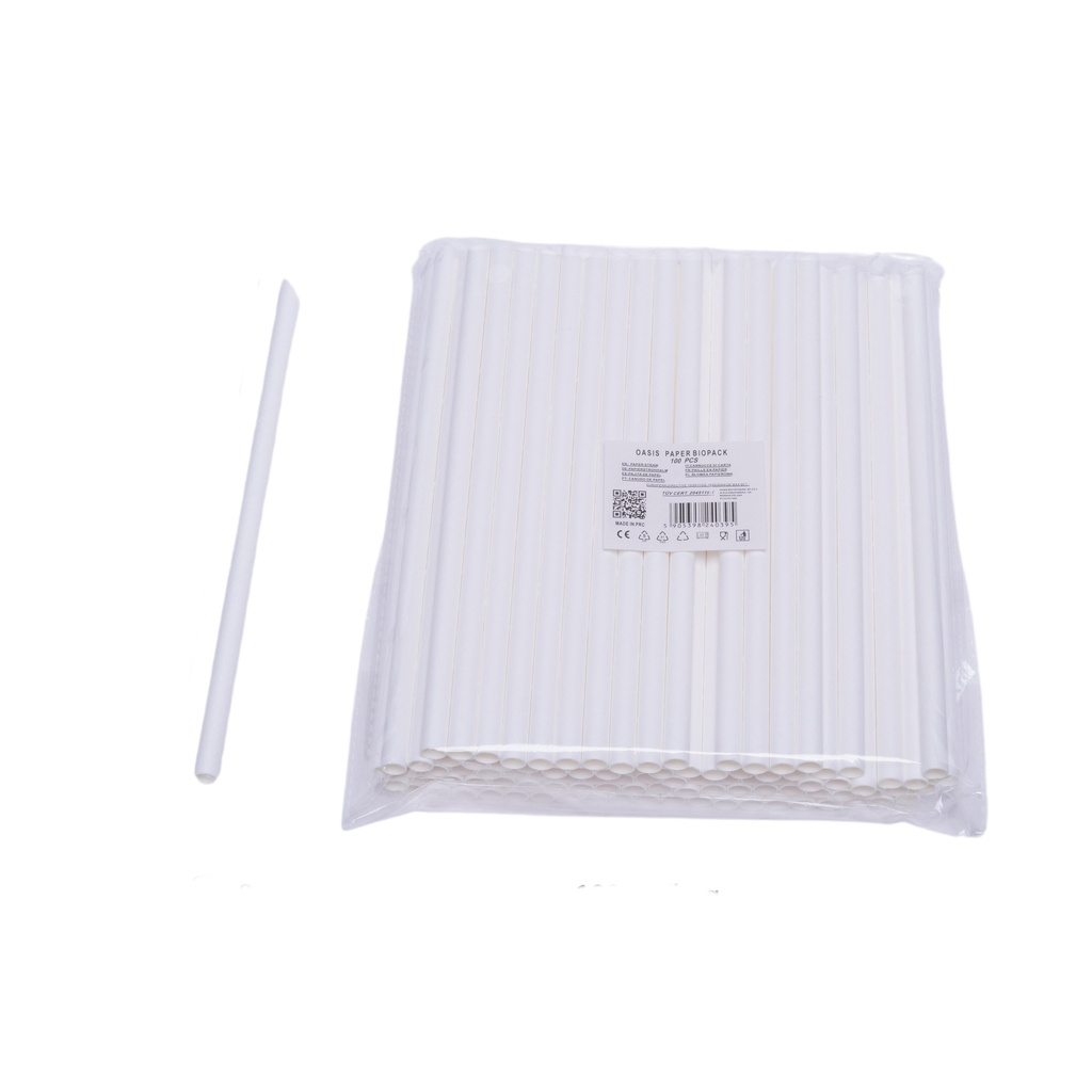 Pailles en papier blanches rayées 8 mm